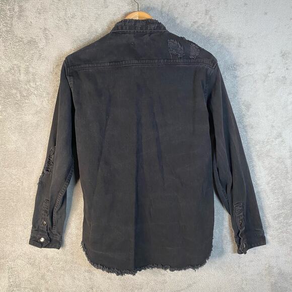 Distressed Denim Shirt Jacket Mens Small Button Up Grunge Streetwear Indie - Picture 2 of 13